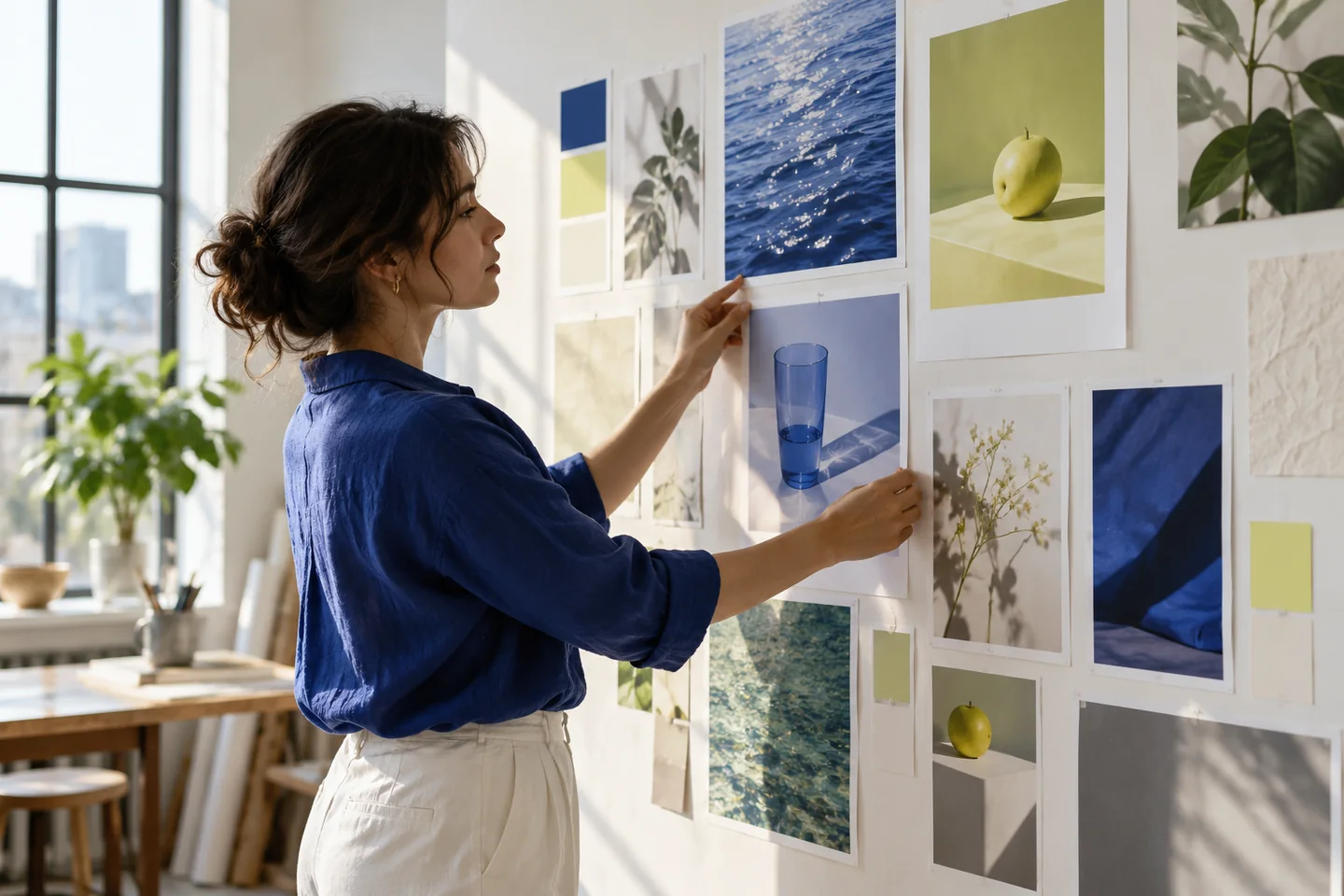 A learner arranging original creative studies on a studio wall