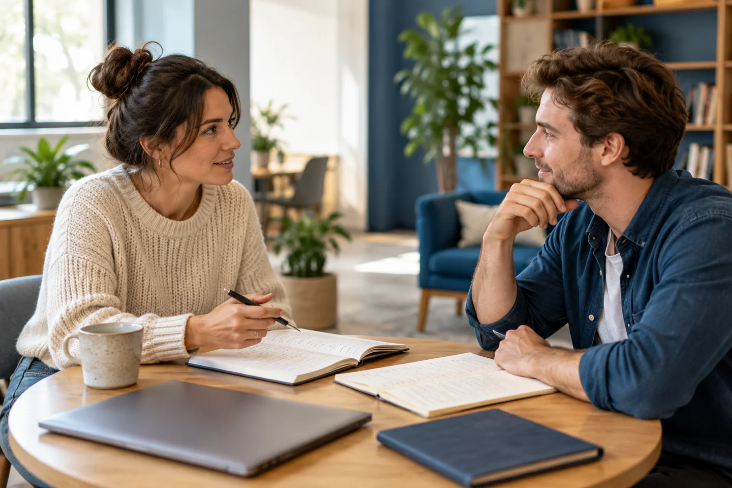 Two adult learners sharing notes at a community workspace