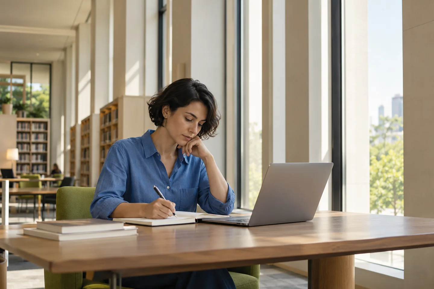 A learner working beside the window of a quiet library