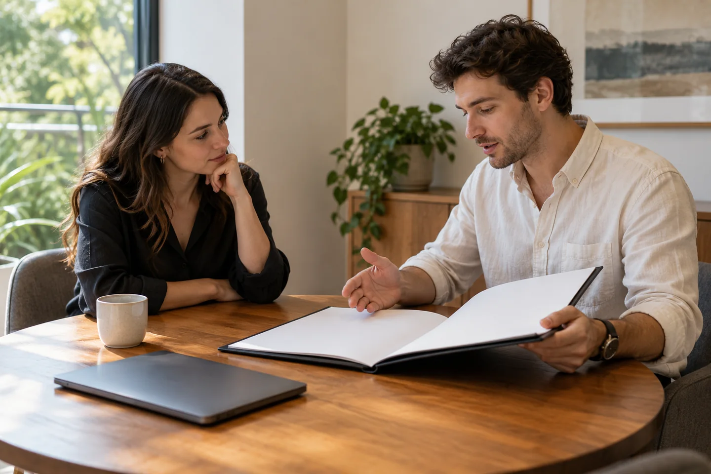 Two adults in a relaxed practice interview conversation