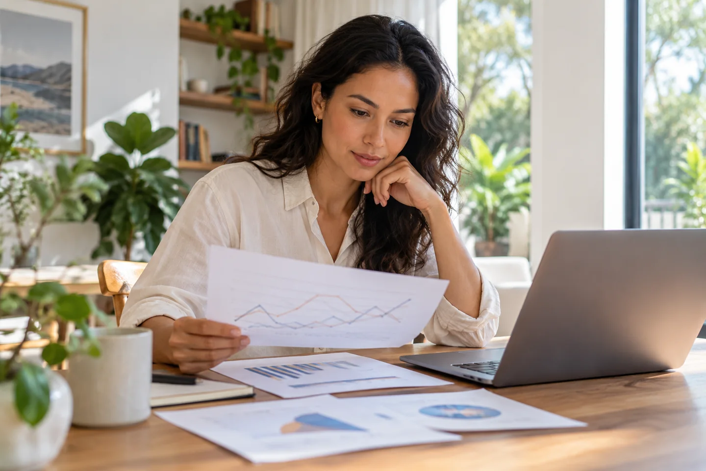 An analyst comparing abstract charts with a plain laptop