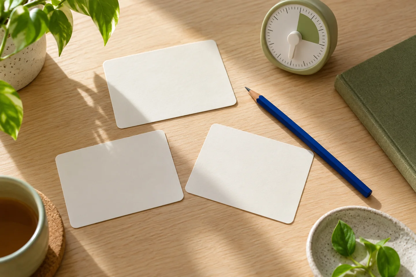 Three blank planning cards, a timer and notebook on a pale desk
