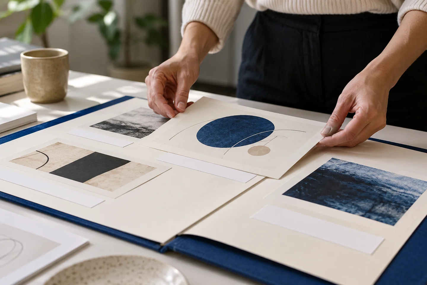 Hands arranging a simple portfolio with original practice diagrams