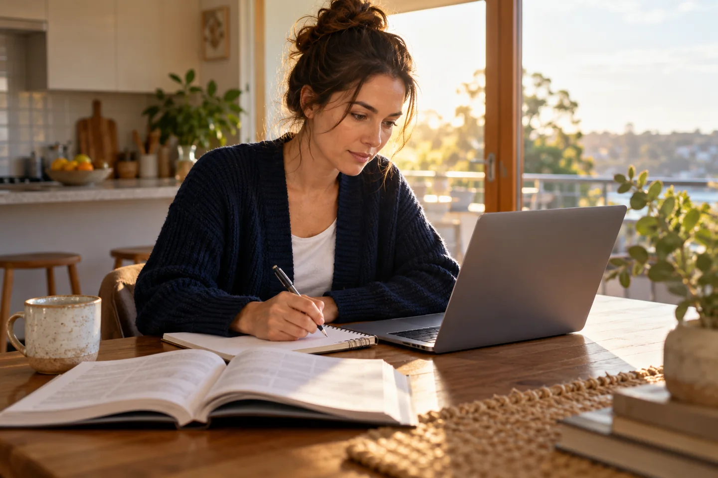 An adult studying with an open book at a kitchen table